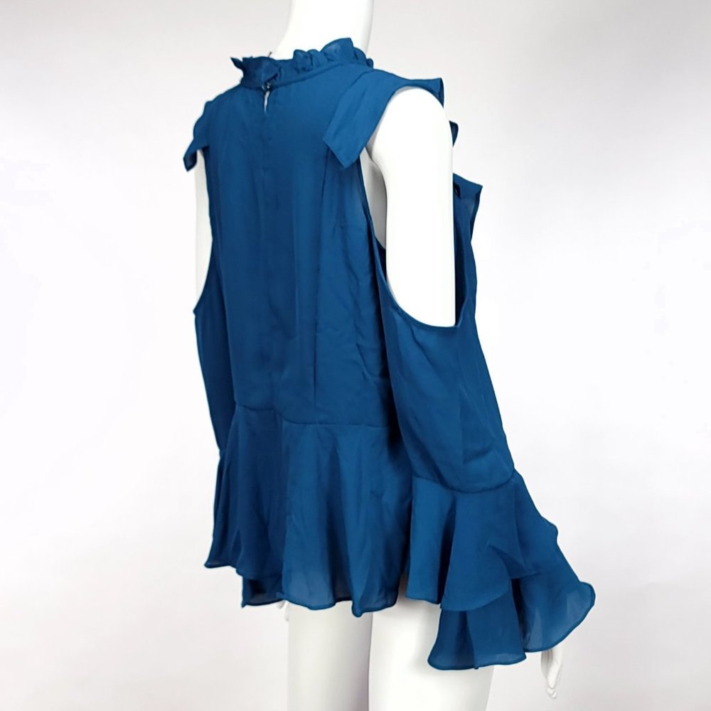 Romeo + Juliet Couture Cold‎ Shoulder Blouse Womens Ink Blue Ruffle Peplum M - Picture 4 of 9